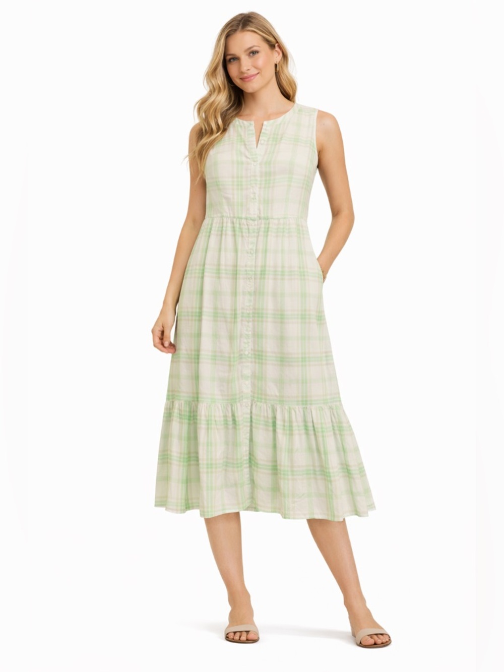 NWT Chaps Size Medium Womens Green Plaid Sleeveless Midi Dress